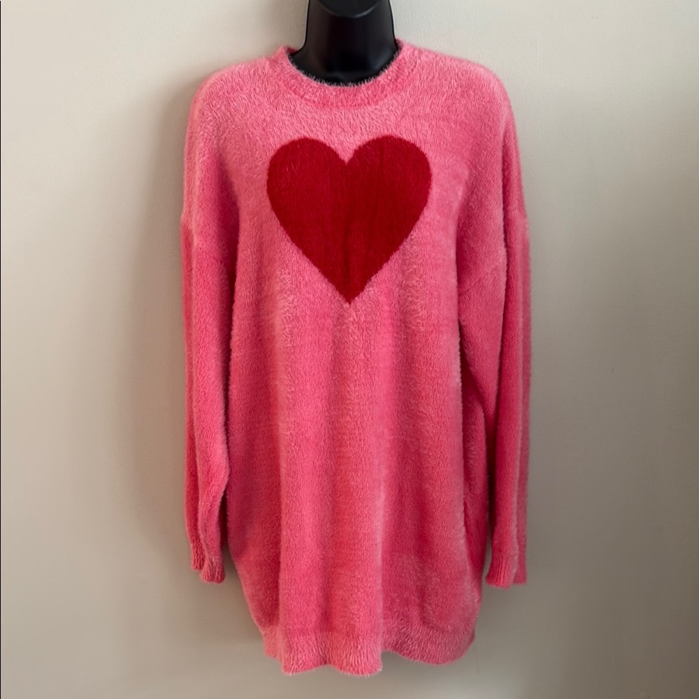 Say What? Pink Fuzzy Sweater with Red Heart Cozy Whimsy Fun Size XL